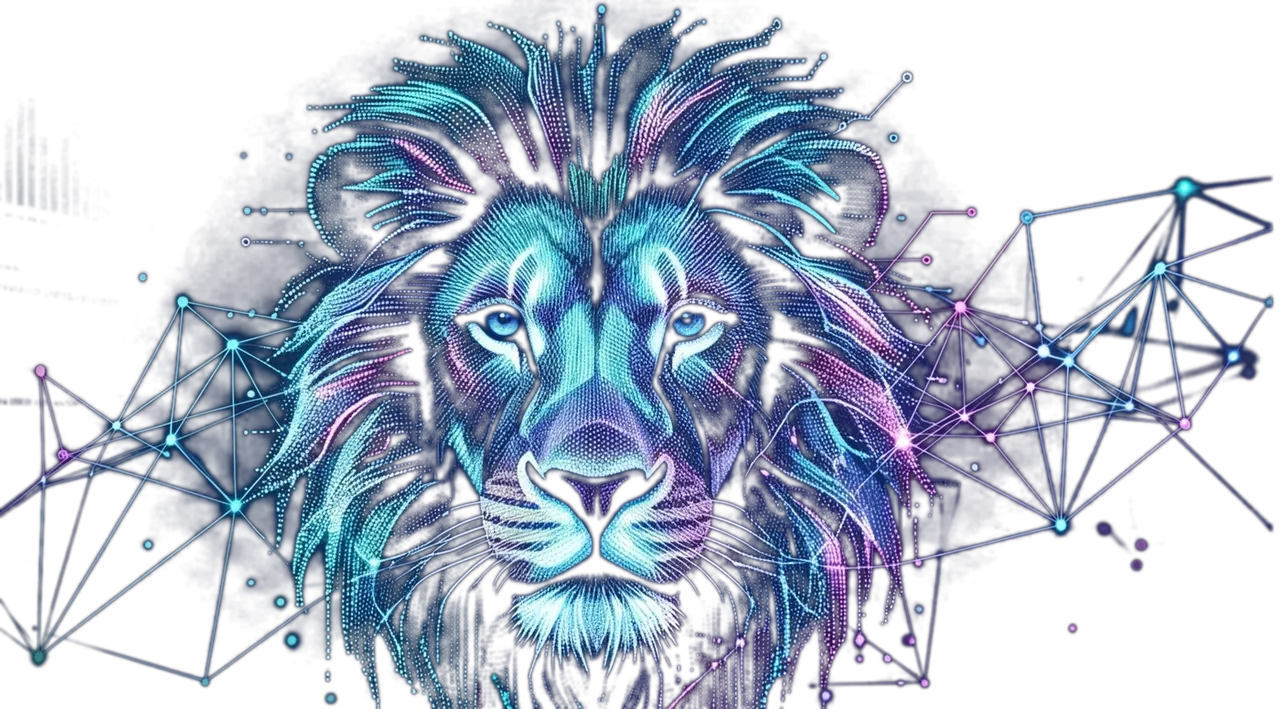 Lioncure - yapay zeka ve ağ temalı aslan illüstrasyonu